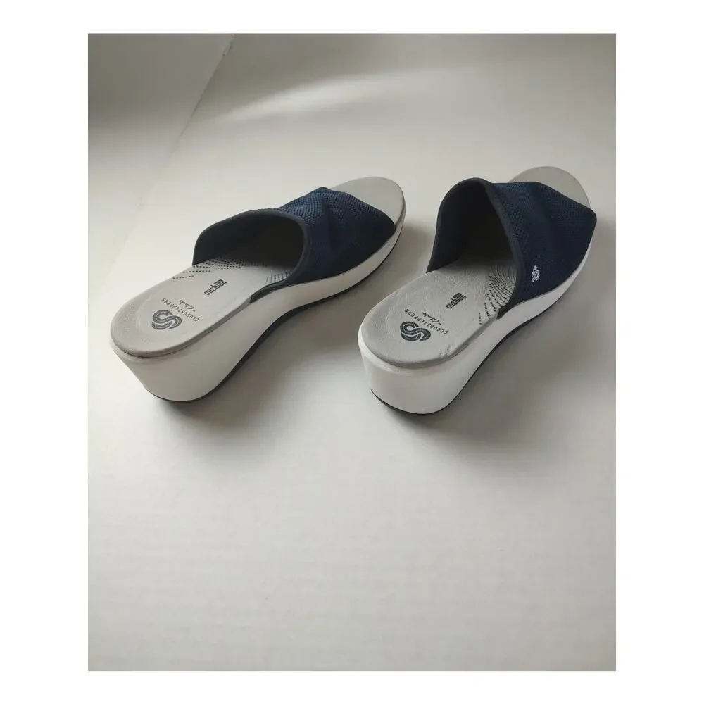 Clarks Cloudsteppers  Cali Bay Blue Canvas Slip On Wedge Heel Sandal Women US 10